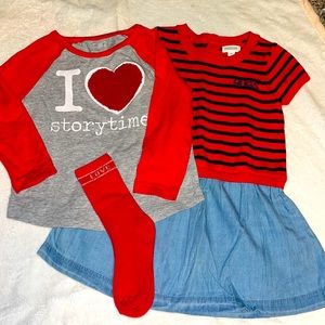GYMBOREE HUGS SWEATER DRESS & I LOVE STORYTIME SHIRT & NEW RED LOVE SOCKS 2T